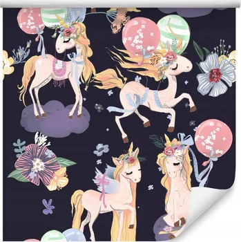 Fototapeta Dívčí tapeta jednorožci, balónky, květiny a příroda