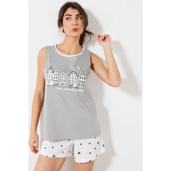 Dámské pyžamo Pyžamo se šortkami, potisk město a hvězdy šedá 34/36