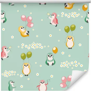 Fototapeta Dětská tapeta barevní tučňáci balónky květiny