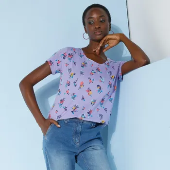 Dámské tričko Tričko s krátkými rukávy a potiskem květin lila 46/48