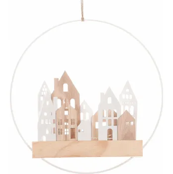 Vánoční dekorace Závěsná LED dekorace Domečky v kruhu bílá, pr. 28 cm