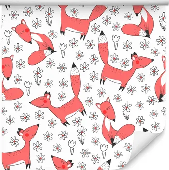 Fototapeta Tapeta pro děti – rezavé lišky, zvířátka a květiny