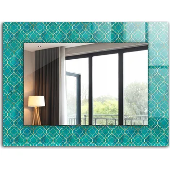 Zrcadlo Zrcadlo se skleněným rámem k zavěšení na zeď 80x60 cm Zelený geometrický vzor