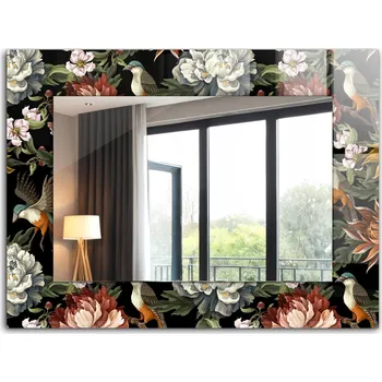 Zrcadlo Nástěnné zrcadlo se skleněným rámem s potiskem motivu 80x60 Květiny a ptáci