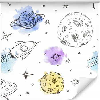 Fototapeta Dětská tapeta raketa planety vesmír hvězdy