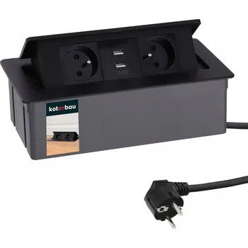 Napájecí kabel PRODLUŽOVACÍ KABEL ZAPUŠTĚNÝ VNOŘENÝ DO DESKY STOLU ČERNÝ KABEL 2 ZÁSUVKY + USB