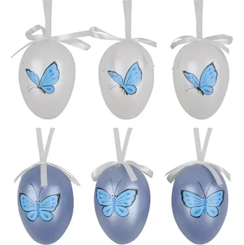 Velikonoční dekorace ANDĚL Vajíčka modrobílá s motýlky 6 cm, 6 ks v sáčku