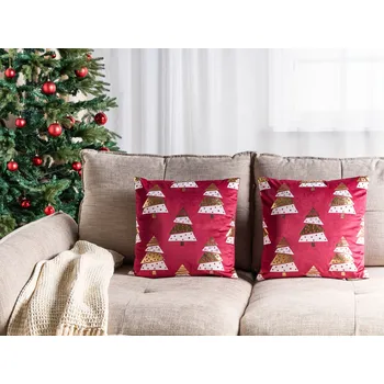 Dekorativní polštářek Sada 2 polštářů Červená sametová tkanina 45 x 45 cm Vzor vánočního stromku Odnímatelné potahy Obývací pokoj Ložnice Beliani