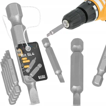 Bit 5x BIT ŠROUBOVÁKU SL4 50 mm Plochý MAGNETICKÝ hrot Šroubovací 1/4''