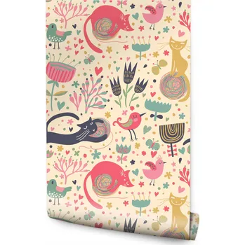 Fototapeta Tapeta pro děti barevné koťátka ptáčci rostlinky