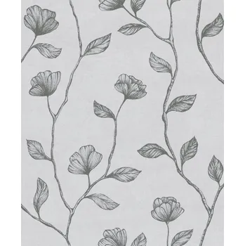 Tapeta ŠEDÁ VINYLOVÁ TAPETA STŘÍBRNÝ VZOR KVĚTY OMYVATELNÁ DO OBÝVACÍHO POKOJE LOŽNICE