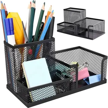 Černý síťovaný stolní organizér s 3 přihrádkami