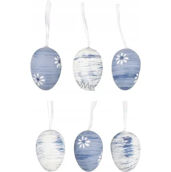 Velikonoční dekorace Vajíčka plastová modro-bílá na zavěšení 6 cm, 6 kusů v sáčku