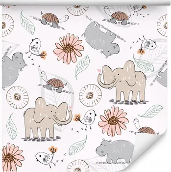 Fototapeta Dětská Tapeta ZVÍŘATA Květiny Sloni Ptáčci