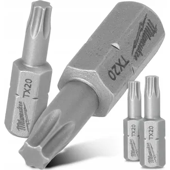 Bit 2x BIT do šroubováku TORX TX20 25 mm Bity MILWAUKEE Magnetický hrot, KRÁTKÝ