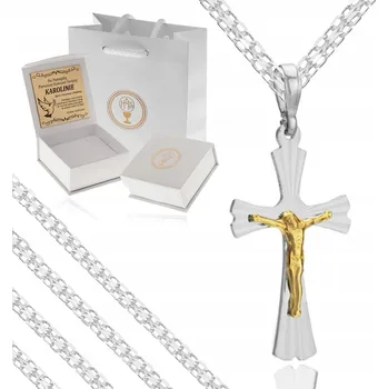 Náhrdelník STŘÍBRNÝ ŘETÍZEK NÁHRDELNÍK S KŘÍŽKEM KRISTUS 925 + GRAVÍROVÁNÍ BIŘMOVÁNÍ