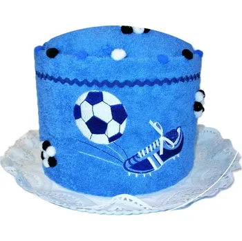 Veratex Textilní dort středně modrý s výšivkou kopačky a míče.