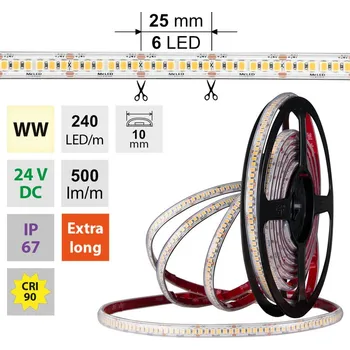 LED páska LED pásek SMD2835 WW, 240LED/m, 6W/m, DC 24V, 500lm/m, CRI90, IP67, 10mm, 50m