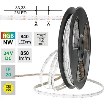 LED páska LED pásek COB RGB + NW, 840LED/m, 18W/m, DC 24V, 850lm/m, CRI90, IP20, modul 33,3mm, 12mm, 50m