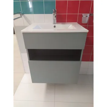 Koupelnový nábytek Závěsná Koupelnová Skříňka MINT 60 (Zásuvková) s Keramickým Umyvadlem, Mint Lak Lesk, Tiché Zavírání Soft-Close, 61 x 46 x 52 c