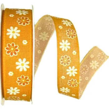 Stuha Stuha látková jarní FIORI DI PRIMAVERA ARANCIA oranžová A 25mm x 20m (7,-Kč/m) (Jarní stuha bavlněná, oranžová, jednostranný potisk s motivem květin, tkaním zesílené okraje)