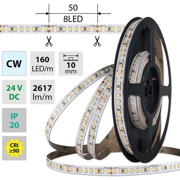 LED páska LED pásek SMD2835 CW, 160LED/m, 19,2W/m, DC 24V, 2617lm/m, CRI90, IP20, 10mm, 50m