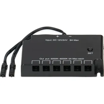 Ovladač světel RF příjímač 2,4 GHz, 12/24 V DC, vstup max. 5 A, 2 x 91505-MP, délka kabelů 100 mm, výstup 6 x 91505-FP, max. 3 A/výstup, IP20, funkce ZAP/VYP/Stmívač, CCT, černý, kompatibilní s ML-446.003.62.0 a ML-446.002.62.0