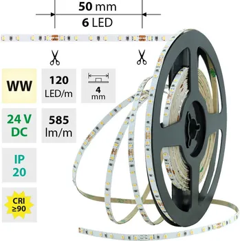 LED páska LED pásek SMD2216 WW, 120LED/m, 7,2W/m, DC 24V, 585lm/m, CRI90, IP20, 4mm, 10m