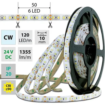 LED páska LED pásek SMD2835 CW, 120LED/m, 14W/m, DC 24V, 1355lm/m, CRI90, IP20, 10mm, 50m