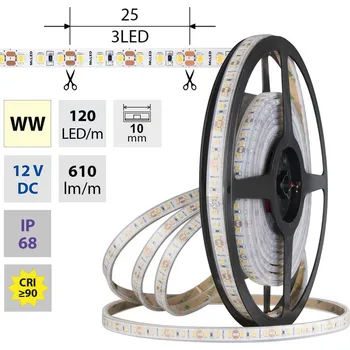 LED páska LED pásek SMD2835 WW, 120LED/m, 9,6W/m, DC 12V, 610lm/m, CRI90, IP68, 10mm, 5m