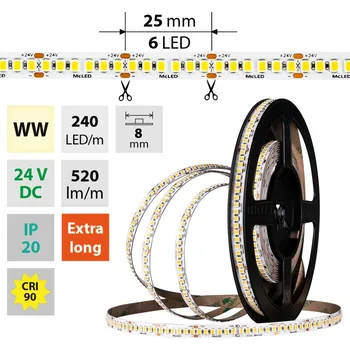 LED páska LED pásek SMD2835 WW, 240LED/m, 6W/m, DC 24V, 520lm/m, CRI90, IP20, 8mm, 50m