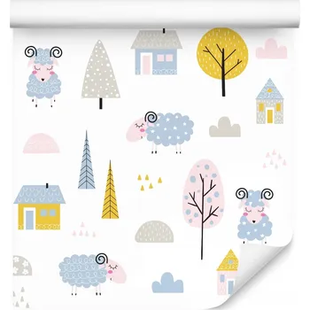 Fototapeta Dětská tapeta Ovečky Domečky Obláčky Příroda