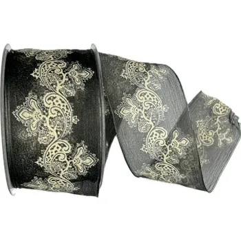 Stuha Stuha organzová BLACK POETRY černá s potiskem 60mm x 15m A (10,-Kč/m) (Stuha organzová, černá, šíře 60mm, potisk, s drátkem v lemu)