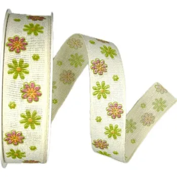 Stuha Stuha látková jarní FIORI DI PRIMAVERA BIANCO bílá A 25mm x 20m (7,-Kč/m) (Jarní stuha bavlněná, bílá, jednostranný potisk s motivem květin, tkaním zesílené okraje)