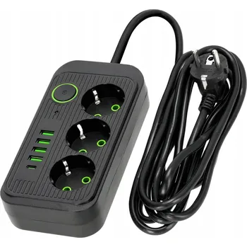 Napájecí kabel Prodlužovací Kabel ROZBOČKA 3 zásuvky 3m s uzemněním a vypínačem + 5xUSB černá