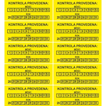 Samolepící etiketa Štítek KONTROLA PROVEDENA 9 let - 2025-33 samolepící vinylová fólie arch 10 ks 70x30mm žlutá