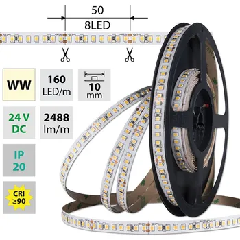 LED páska LED pásek SMD2835 WW, 160LED/m, 19,2W/m, DC 24V, 2488lm/m, CRI90, IP20, 10mm, 50m