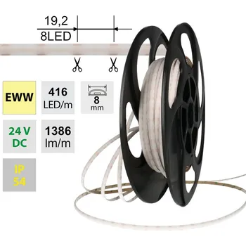 LED páska LED pásek SOB EWW, 416LED/m, 14W/m, DC 24V, 1386lm/m, CRI90, IP54, modul 19,2mm, 8mm, 50m