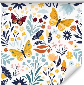 Fototapeta Tapeta do obýváku Barevné KVĚTY Motýli Vintage