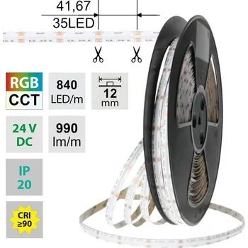 LED páska LED pásek COB RGB + CCT, 840LED/m, 18W/m, DC 24V, 990lm/m, CRI90, IP20, modul 41,7mm, 12mm, 50m