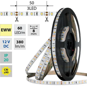 LED páska LED pásek SMD2835 EWW, 60LED/m, 4,8W/m, DC 12V, 430lm/m, CRI90, IP20, 8mm, 5m