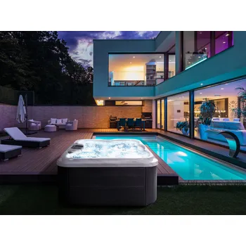 Vířivka Vířivka bílá akrylátová 180 x 215 cm 4 sedadla 19 hydromasážních trysek efekt dřeva hliníkový základ s LED světlem Beliani