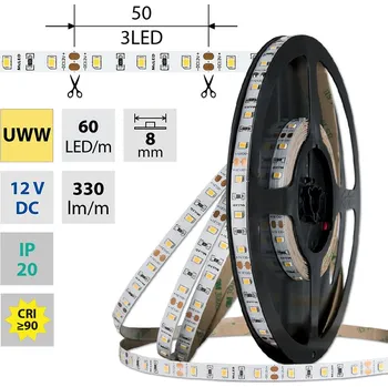 LED páska LED pásek SMD2835 UWW, 60LED/m, 4,8W/m, DC 12V, 330lm/m, CRI90, IP20, 8mm, 5m
