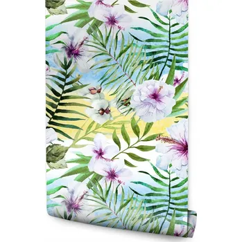 Tapeta Tapeta s květinami, listy palem a orchidejemi do obýváku