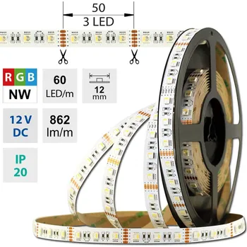 LED páska LED pásek SMD5050 RGB + NW, 60LED/m, 19,2W/m, 862lm/m, IP20, DC12V, 12mm, 50m