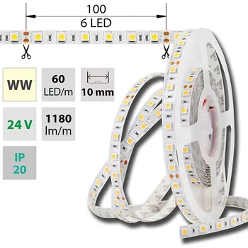 LED páska LED pásek SMD5050 WW, 60LED/m, 14,4W/m, DC 24V, 1152lm/m, IP20, 10mm, 50m