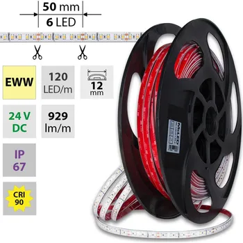 LED páska LED pásek SMD2835 EWW, 120LED/m, 14W/m, DC 24V, 929lm/m, CRI90, IP67, 12mm, 50m
