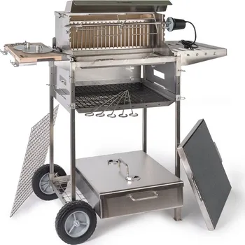 Zahradní gril Grilmen 5v1 TOP 5040NW Deluxe (Pojízdný nerezový gril s lávovým kamenem 50x40x2cm (Itálie), grilovací mřížkou, špízovými jehlami, lornou a grilem na kuřata / kýtu)