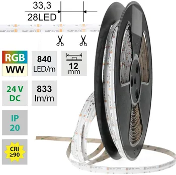 LED páska LED pásek COB RGB + WW, 840LED/m, 18W/m, DC 24V, 833lm/m, CRI90, IP20, modul 33,3mm, 12mm, 50m