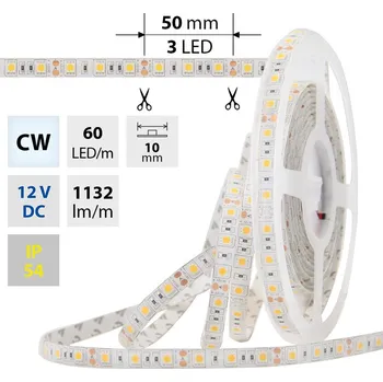 LED páska LED pásek SMD5050 CW, 60LED/m, 14,4W/m, 1132lm/m, IP54, DC 12V, 10mm, 5m